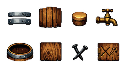 Vintage wooden barrel and metalwork icons with tap and tools