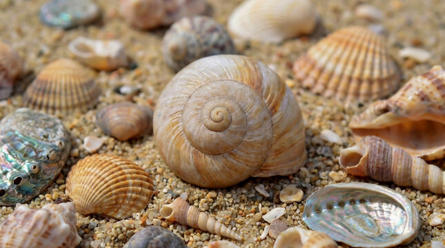 Large spiral seashell surrounded by smaller shells on sand