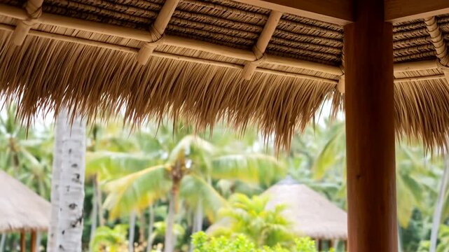 Tropical Resort View from Thatched Roof Structure.