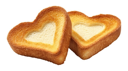 Two heart shaped toasts isolated on transparent background for valentine's day breakfast