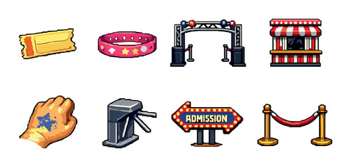 Carnival icons: ticket, wristband, entrance, booth, hand stamp, turnstile, sign, barrier