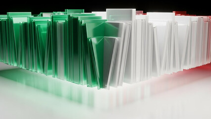 Rows of Green and White Objects with Red Accents.