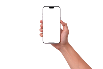Hand holding smartphone mockup with transparent screen isolated on transparent background. Mobile phone with empty display for copy space.