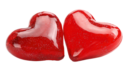 Two red heart shaped jelly candies isolated on transparent squared gray background