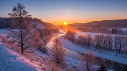 snow Y landscape with serene river flowing through frozen forest at sunset warm sunlight casting long shadows on covered ground and hills