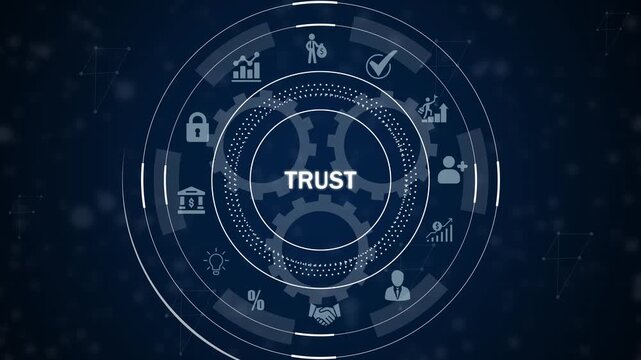 Digital trust concept with financial and business in futuristic H U D interface and dark blue