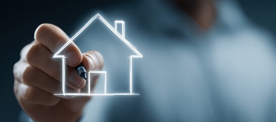 A man is drawing a house with a pen