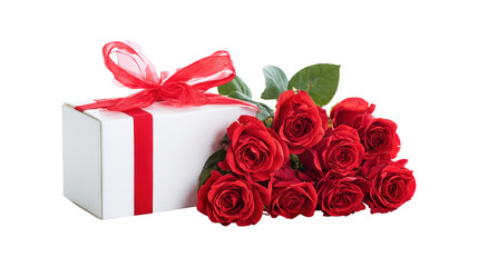 White present box and red roses bouquet with ribbon on transparent background