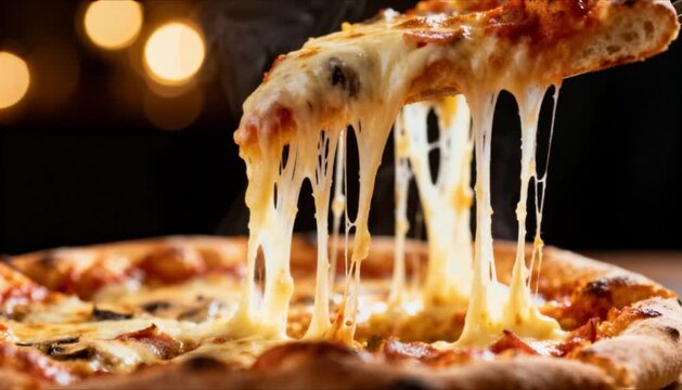 ultra close up pizza slice with stretchy mozzarella perfect for international pizza day