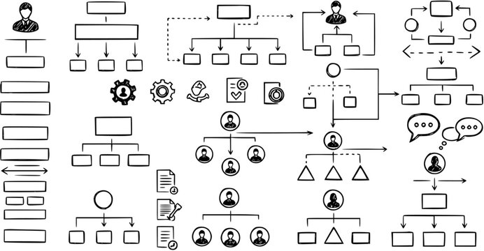 Hand-Drawn Business Flowcharts, Organizational Charts, and Process Management Icons Set for Strategy and Workflow Visualization