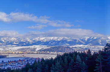 Snow covered mountains overlooking a valley with a city, village, and pine forest under a blue sky
