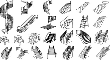 Collection of hand-drawn sketch illustrations showing various types of stairs, spiral staircases, escalators, and ladders in black and white line art. © devanca
