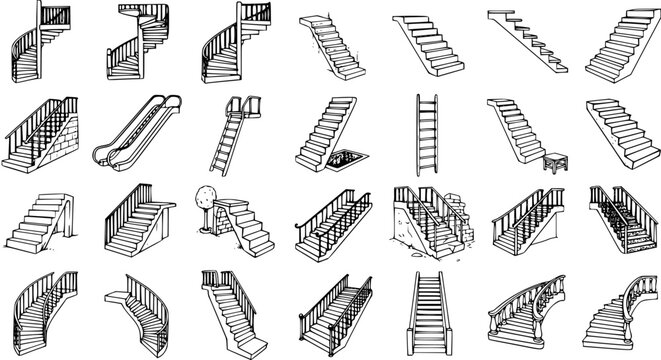 Hand-drawn set of various stairs, ladders, a slide, and an escalator. Black and white outline illustrations showing different architectural designs and types of steps.