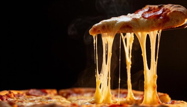 ultra close up pizza slice with stretchy mozzarella perfect for international pizza day