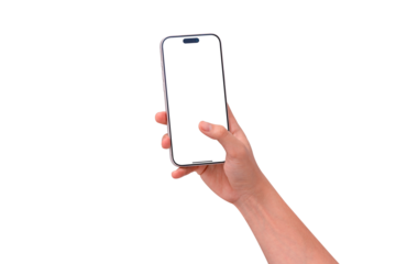 Hand using smartphone mockup with blank transparent screen isolated on transparent background. Mobile phone with empty display for copy space.