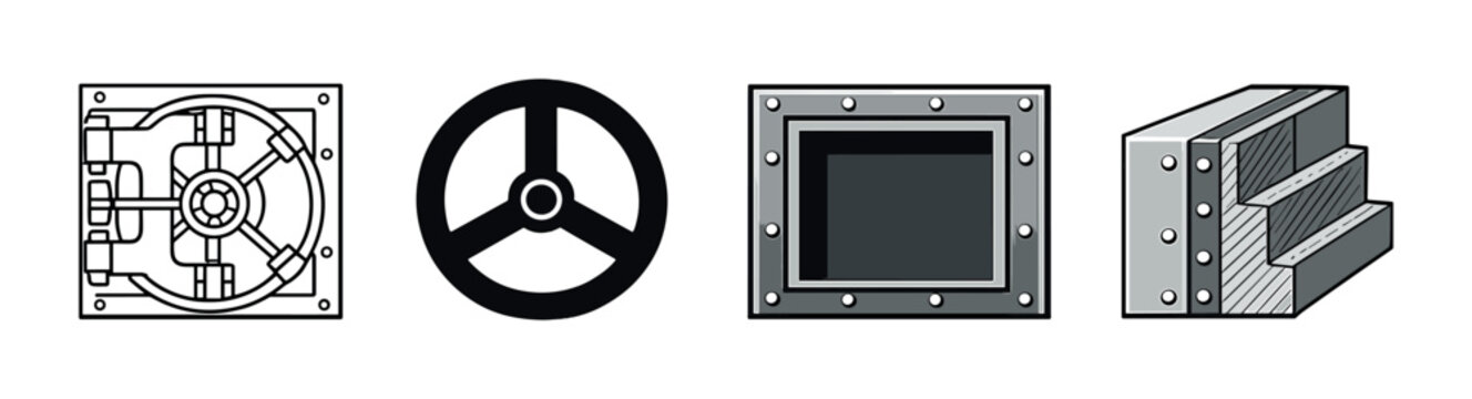Vector art of safe doors and vault design elements in black, white, and gray palette