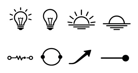Minimalistic icons: light bulbs, sunrise, circuit, arrow, and line on black background