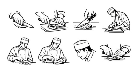 Asian male sushi chef techniques: knife skills and precision in sushi preparation