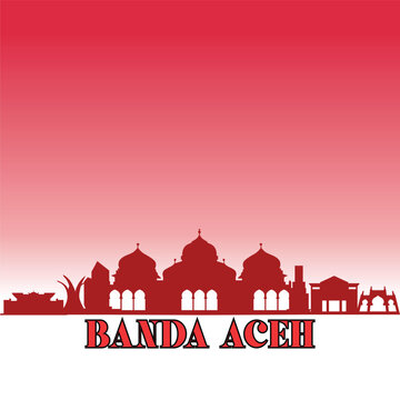 Vector illustration of Banda Aceh city skyline with iconic landmarks on a red and white background symbolizing the Indonesian flag