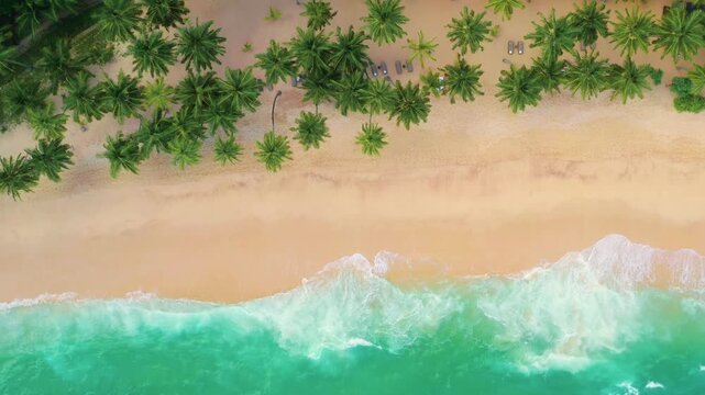 Top View Of Perfect Tropical Beach With Palm Trees And Turquoise Waves
