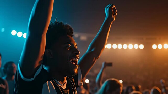 Excited Black man cheering with arms raised at a music concert. Enthusiastic fan celebrating victory in a stadium crowd with bright stage lights. Nightlife and entertainment concept