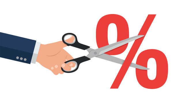 Vector illustration of a hand with scissors cutting a large red percentage sign, symbolizing discounts and price reduction