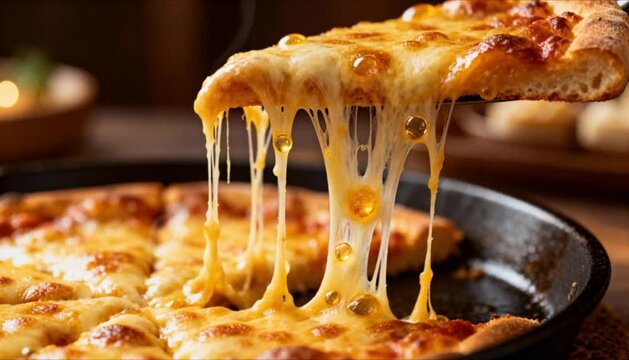 macro cheese pull from pizza slice to pan perfect for international pizza day