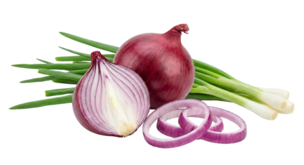 Red Onion and Green Scallions with Slices, Fresh Produce, isolated on transparent background