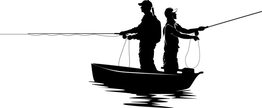 Silhouette of a family: a man and a woman fishing from a boat. Vector illustration.