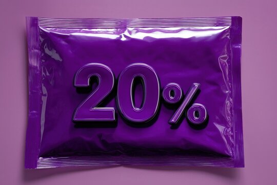 The metallic purple packaging features raised, large purple text and numbers indicating a 20% discount, sale, or bonus on a uniform, shiny background.