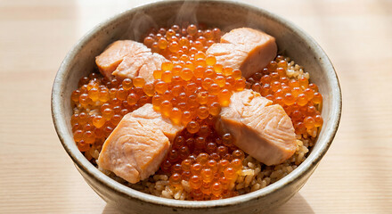 湯気が立ち上る、鮭といくらが贅沢な宮城名物のはらこ飯