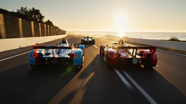 Cars racing along coastal road at sunset with vibrant colors and dynamic motion creating an exhilarating atmosphere of speed
