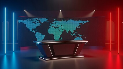 Futuristic glowing digital map on transparent illuminated display with blue and red lighting transparent display