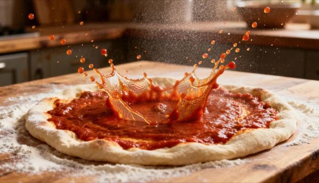 slow motion tomato sauce splash on pizza dough perfect for international pizza day