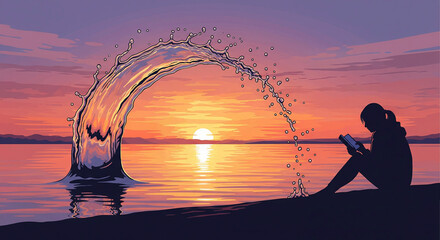 Serene woman reading by ocean at sunset with water splash