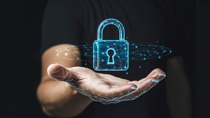 Digital security lock hologram in human hand concept
