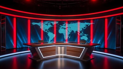 Futuristic News Studio Desk with Glowing Red and Blue Map Projection