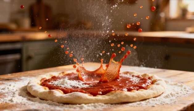 slow motion tomato sauce splash on pizza dough perfect for international pizza day