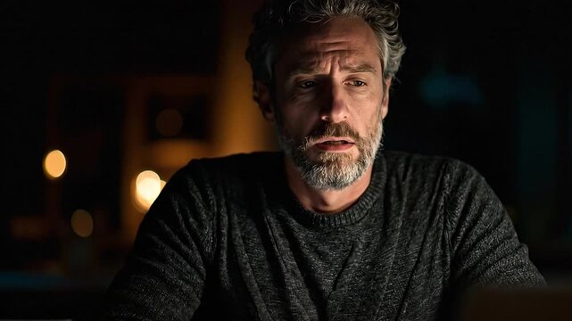 Introspective Reflection: A person stares intently, illuminated by the warm glow of a screen. The image evokes a sense of deep contemplation and thought. 