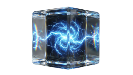 Transparent Crystal Cube Containing Electric Blue Energy Vortex Isolated on Transparent Background