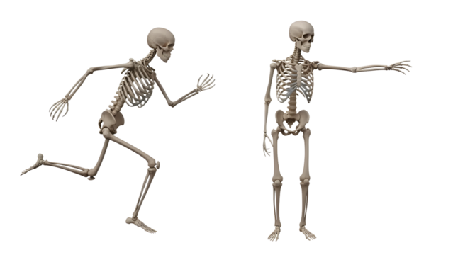 3D rendered human skeletons in running and pointing poses isolated on white background, perfect for medical or educational use - Powered by Adobe