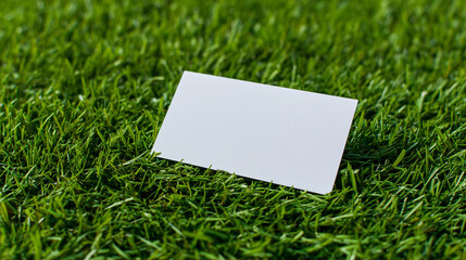 鮮やかな緑の芝生の中に、そっと差し込まれた真っ白な名刺、モックアップ