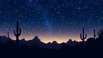 Starry desert night sky with cactus silhouettes against vibrant gradient sunset background
