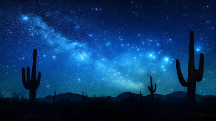 Vibrant starry night sky over desert landscape with silhouetted cacti and mountains milky way visible