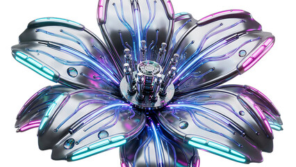 Futuristic Metallic Cyberpunk Flower with Glowing Neon Veins Isolated on Transparent Background