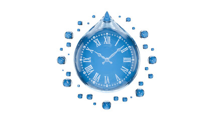 Fototapeta premium Blue Water Droplet Clock with Roman Numerals and Floating Droplets Isolated on Transparent Background
