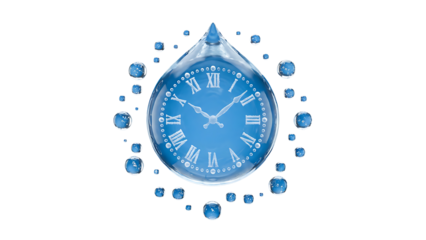 Blue Water Droplet Clock with Roman Numerals and Floating Droplets Isolated on Transparent Background