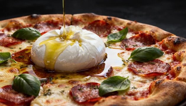 cinematic 3d gourmet pizza with burrata cheese perfect for international pizza day