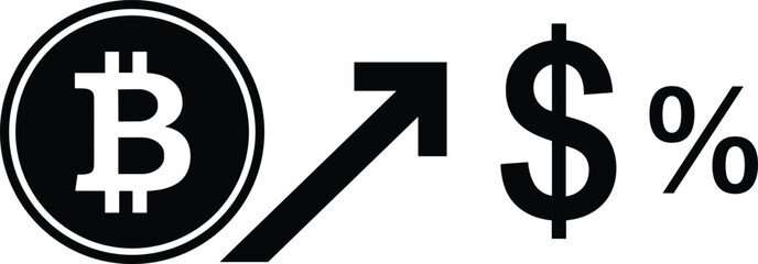 Bitcoin growth concept showing cryptocurrency price increase, dollar value rise, percentage profit symbol, and financial investment illustration isolated on white background