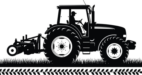 Black tractor silhouette with farmer operating agricultural machinery in rural field, farming equipment illustration isolated on white background © Chopon